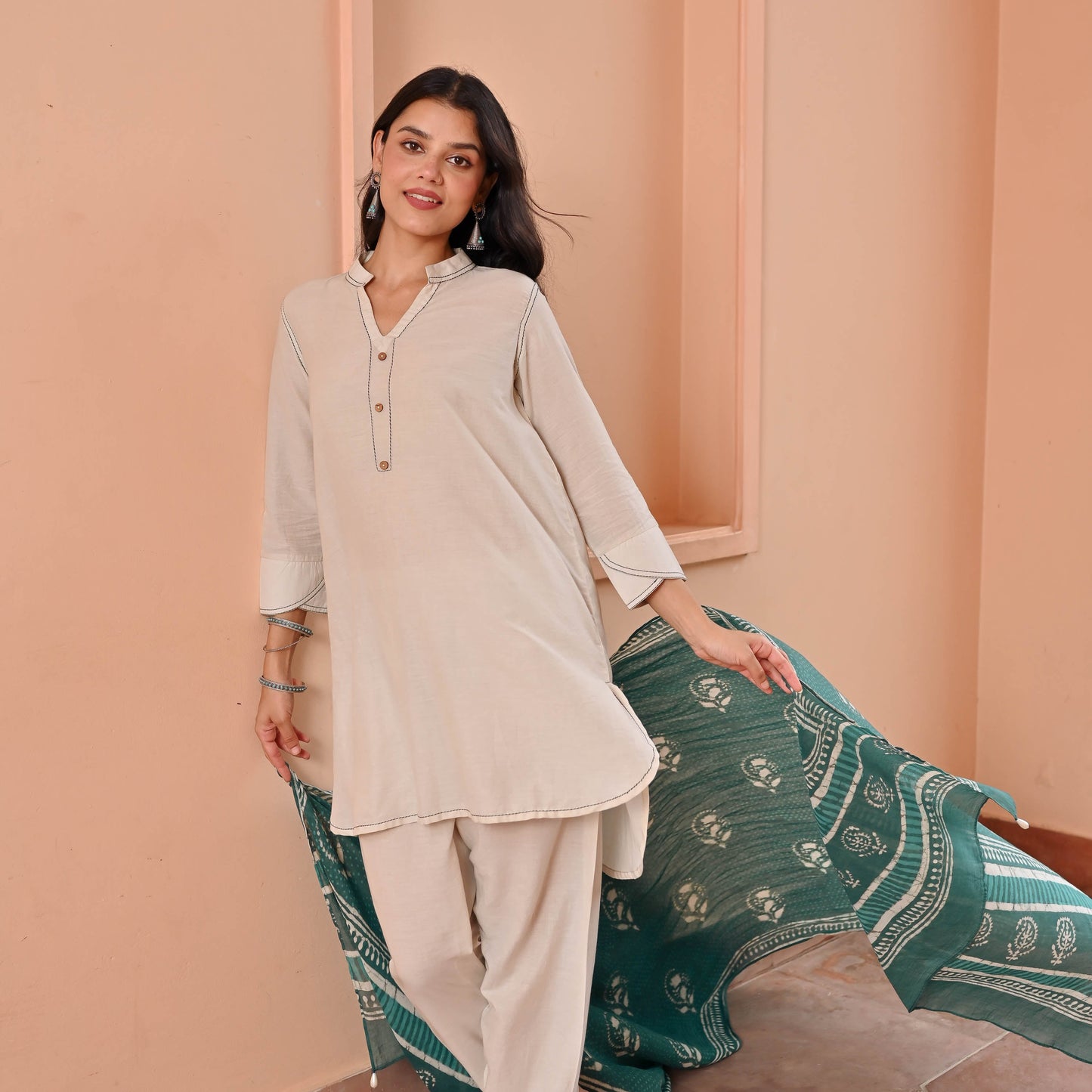 Beige Suit With Printed Dupatta