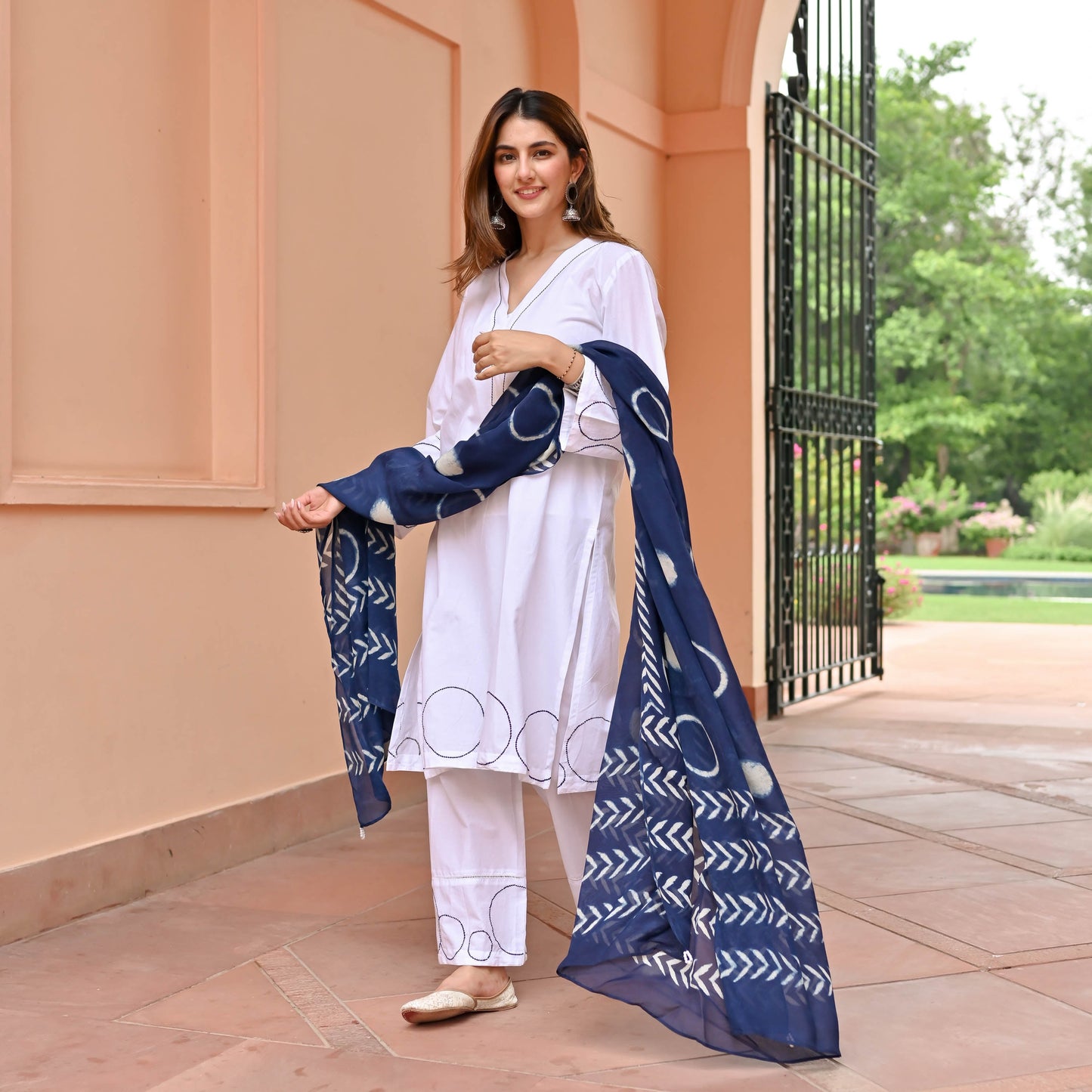 Pearl White Suit With Indigo Dupatta