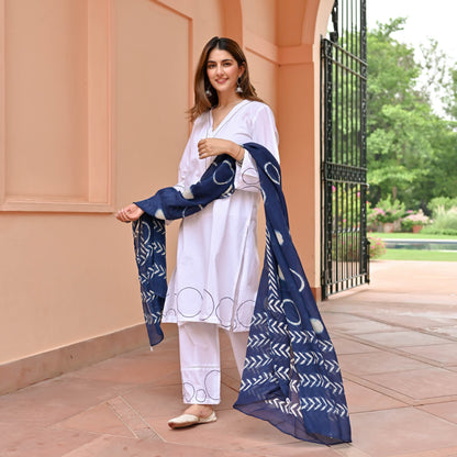 Pearl White Suit With Indigo Dupatta