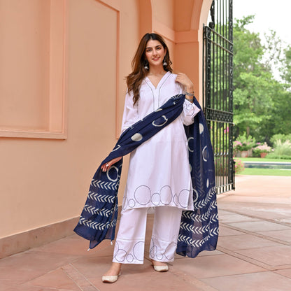 Pearl White Suit With Indigo Dupatta
