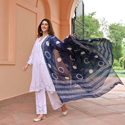 Pearl White Suit With Indigo Dupatta