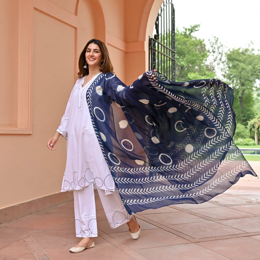 Pearl White Suit With Indigo Dupatta