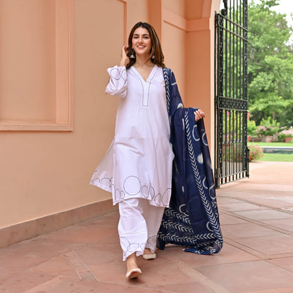 Pearl White Suit With Indigo Dupatta