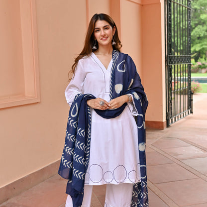 Pearl White Suit With Indigo Dupatta