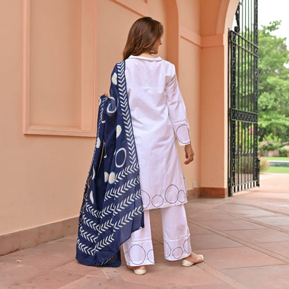 Pearl White Suit With Indigo Dupatta