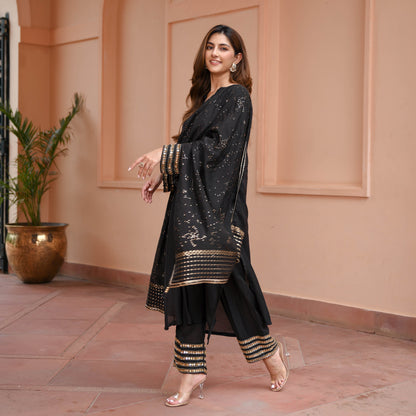 Black Glitter Cotton Silk Suit Set