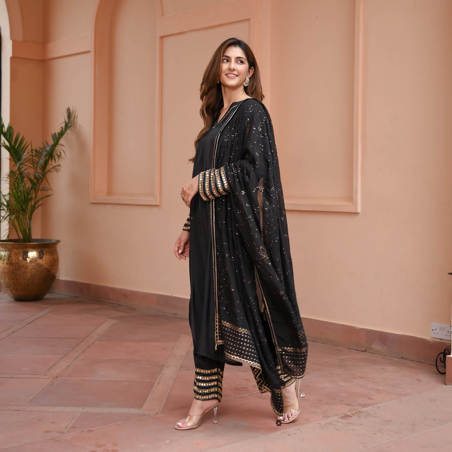 Black Glitter Cotton Silk Suit Set