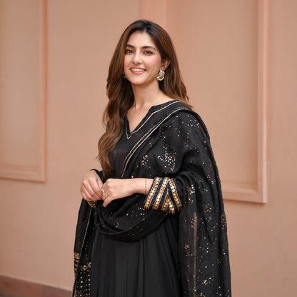 Black Glitter Cotton Silk Suit Set