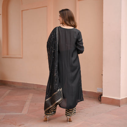 Black Glitter Cotton Silk Suit Set