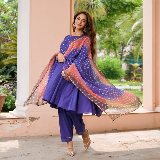 Purple Bandhej Cotton Suit Set