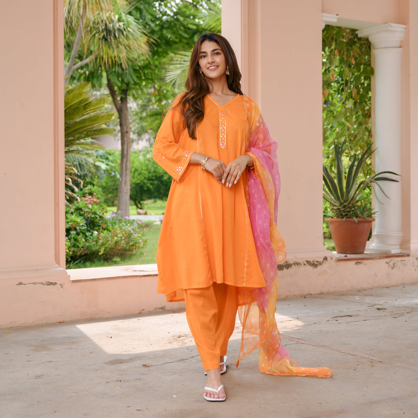 Orange Bandhej Cotton Suit Set