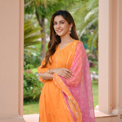 Orange Bandhej Cotton Suit Set