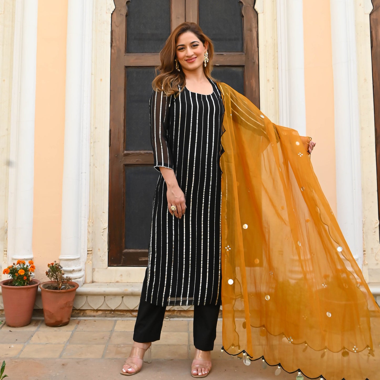 Sakhi Fashions Black Orange Lurex Suit Set