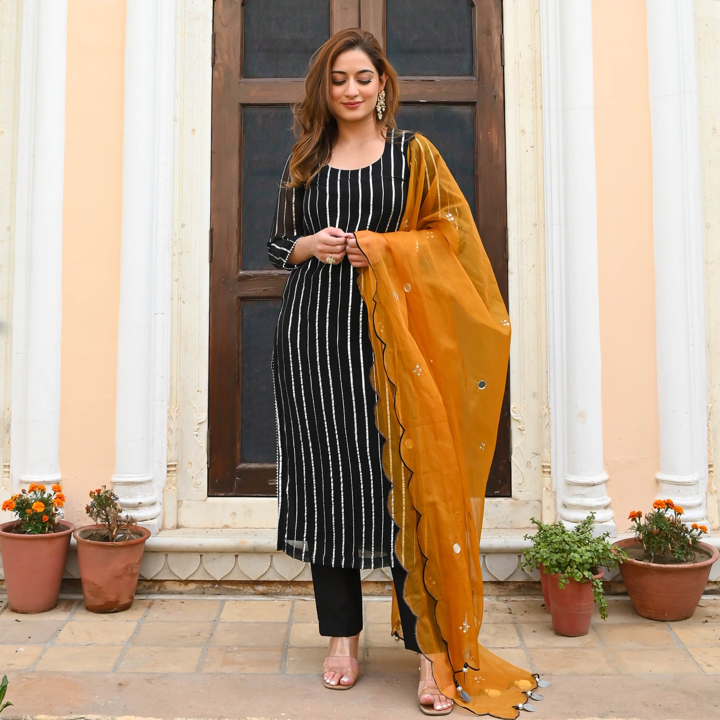 Sakhi Fashions Black Orange Lurex Suit Set