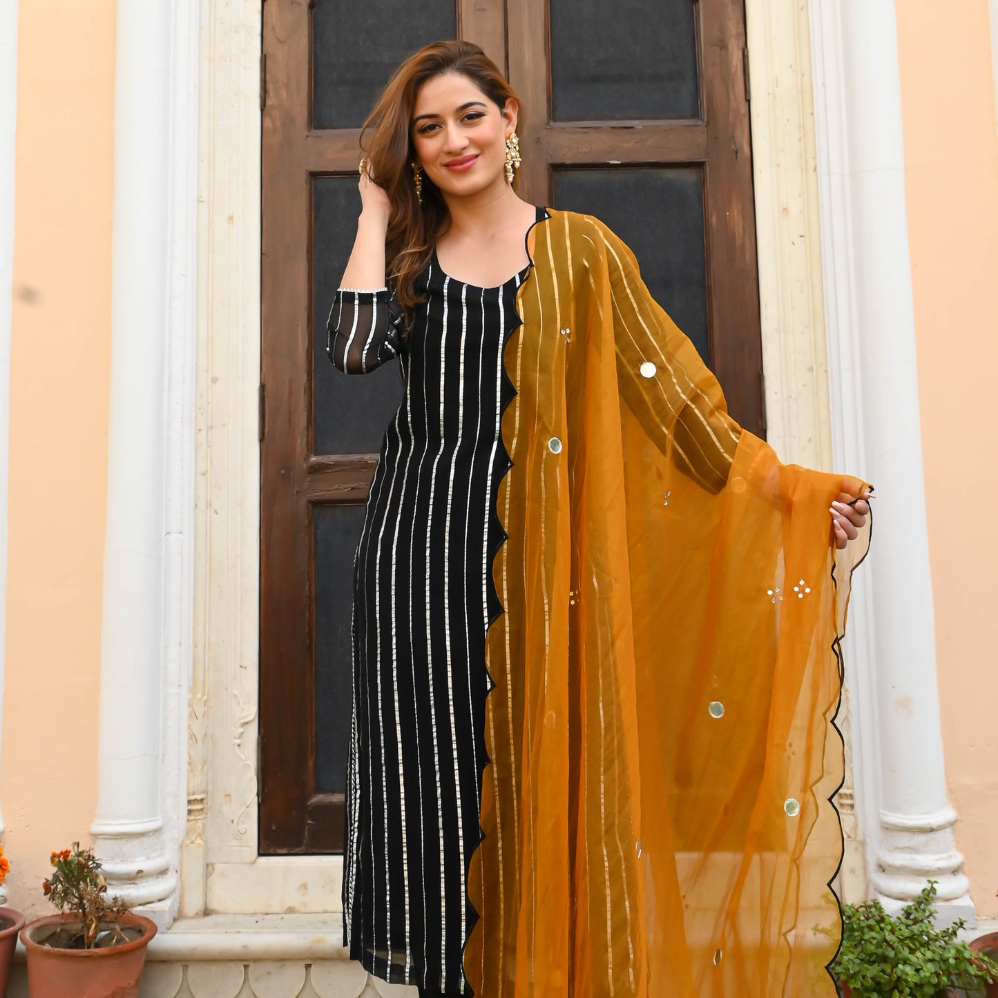 Sakhi Fashions Black Orange Lurex Suit Set