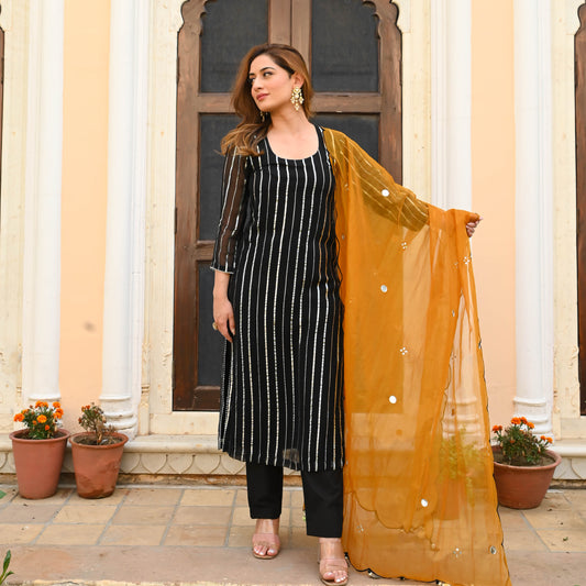 Sakhi Fashions Black Orange Lurex Suit Set