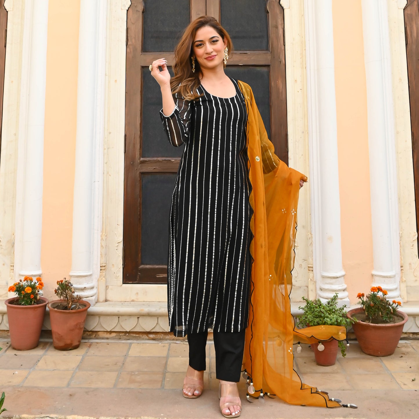 Sakhi Fashions Black Orange Lurex Suit Set