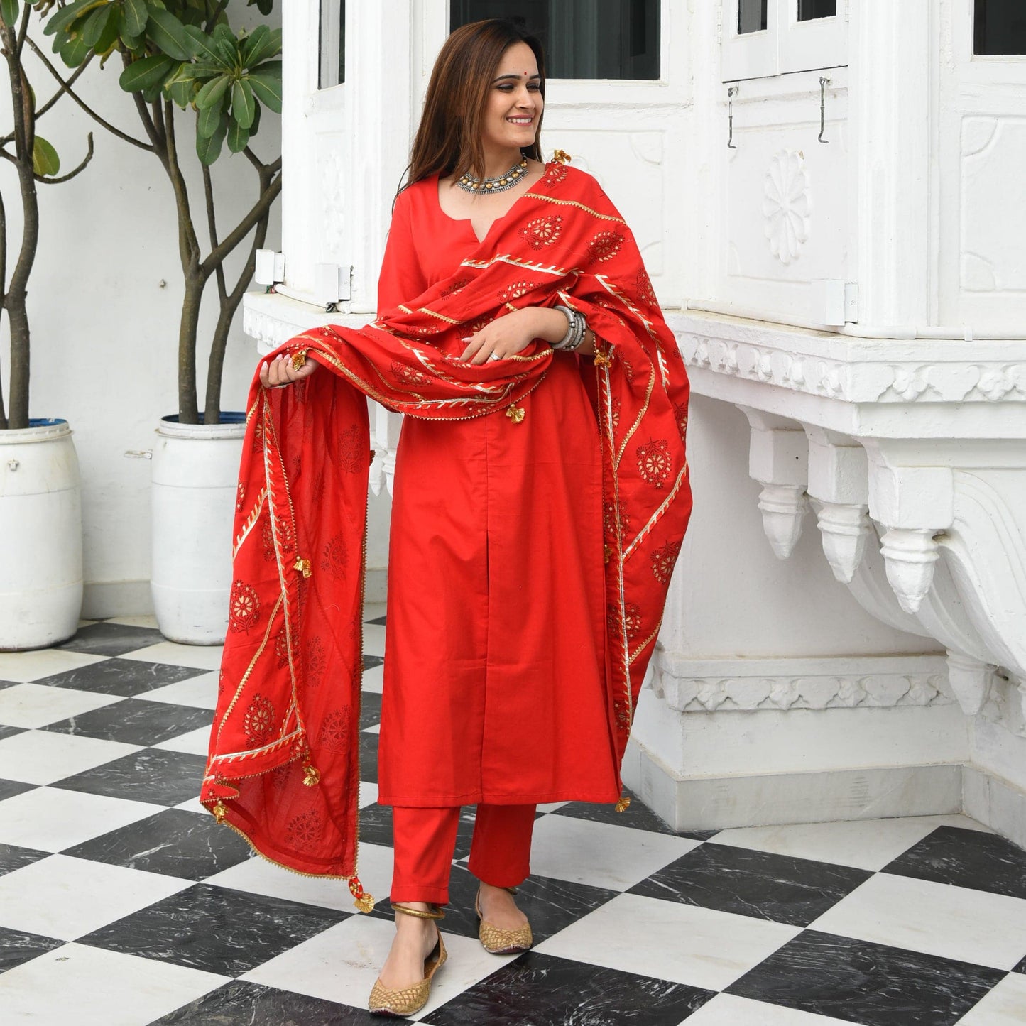 Tomato Red Cotton Suit Set