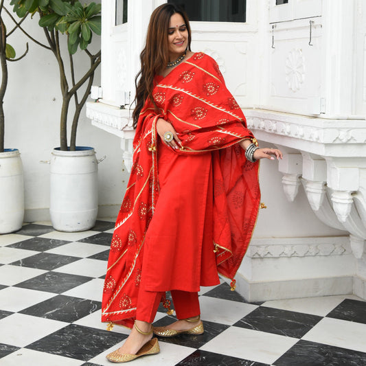 Tomato Red Cotton Suit Set