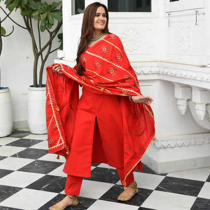 Tomato Red Cotton Suit Set