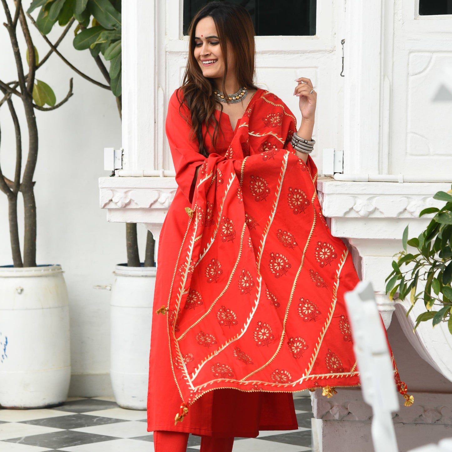 Tomato Red Cotton Suit Set