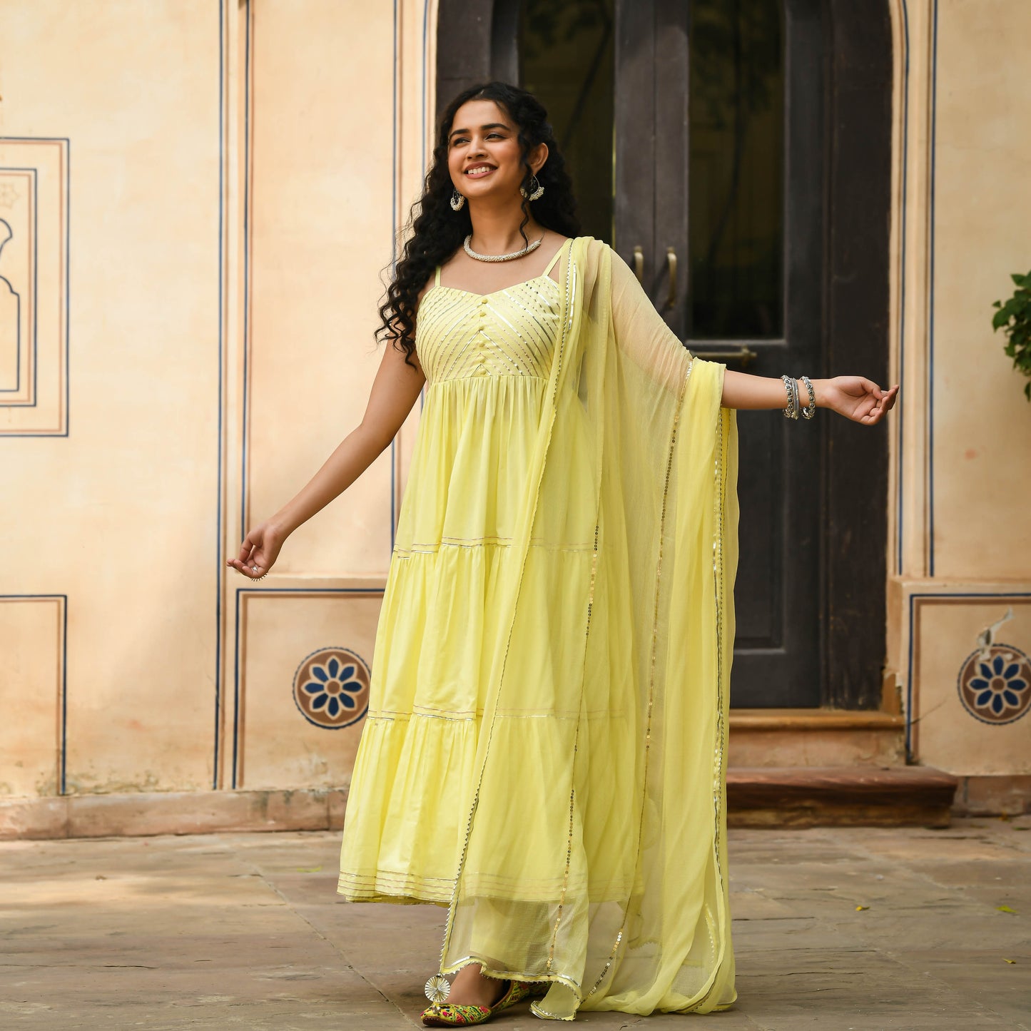 Sakhi Fashions Light Yellow Anarkali Kurta with Pant & Dupatta