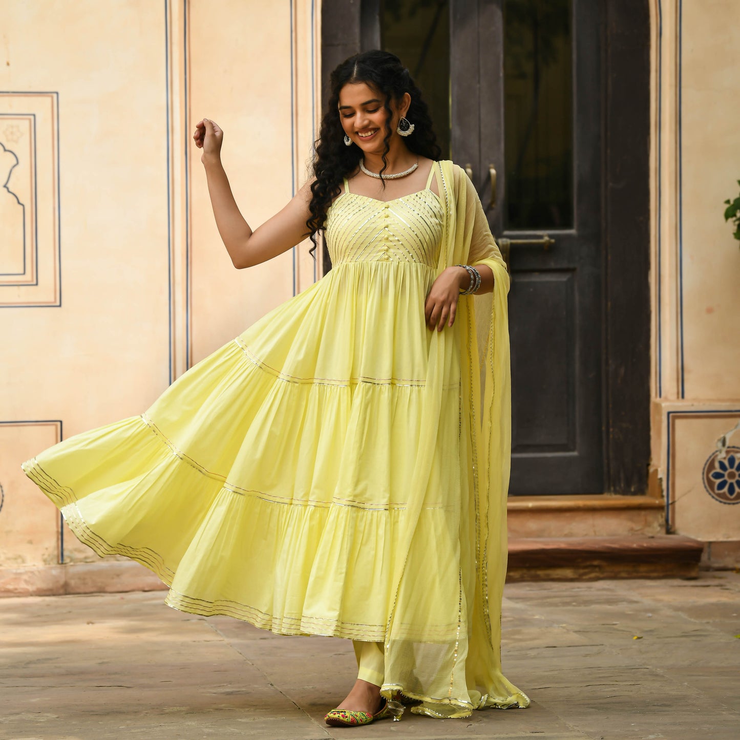 Sakhi Fashions Light Yellow Anarkali Kurta with Pant & Dupatta