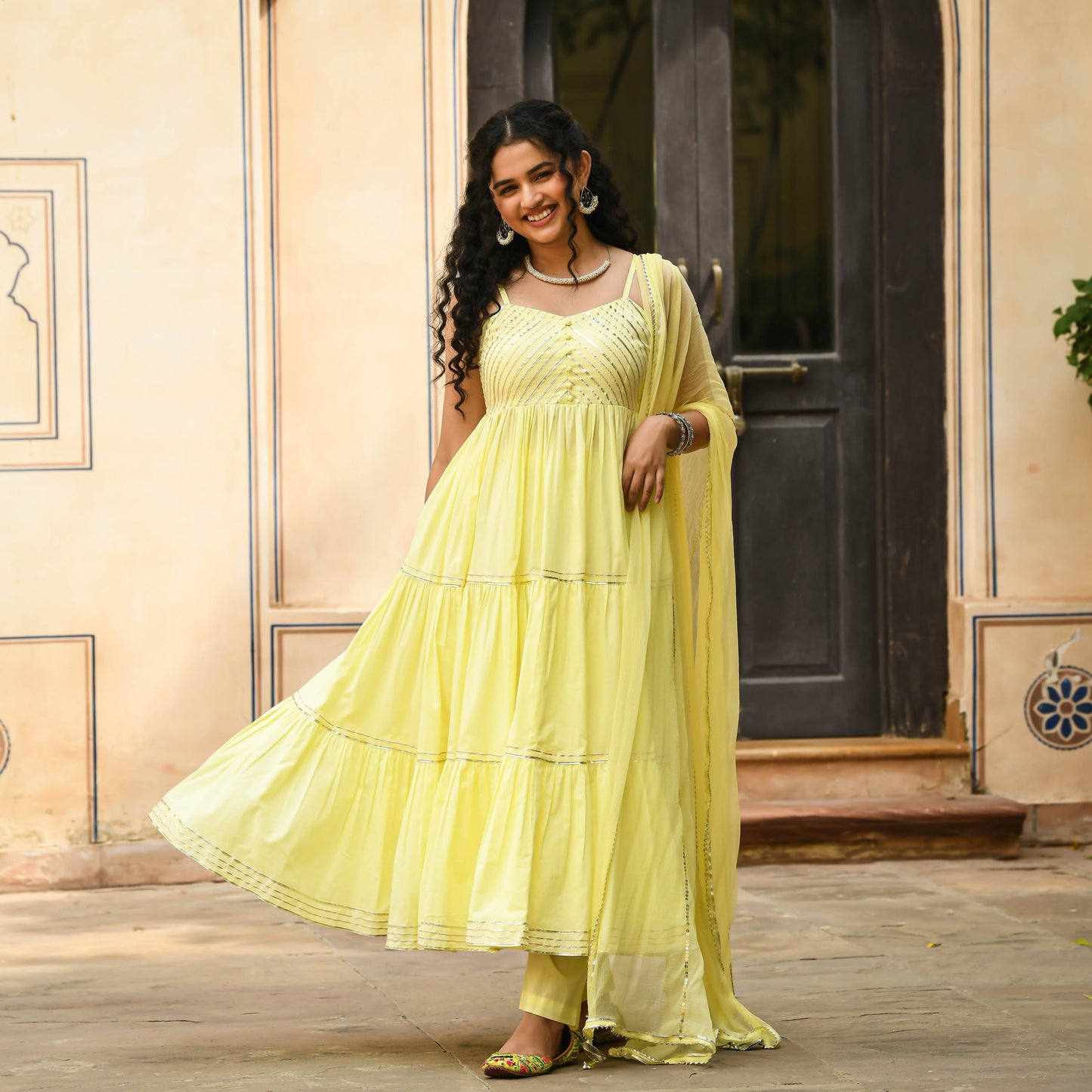 Sakhi Fashions Light Yellow Anarkali Kurta with Pant & Dupatta