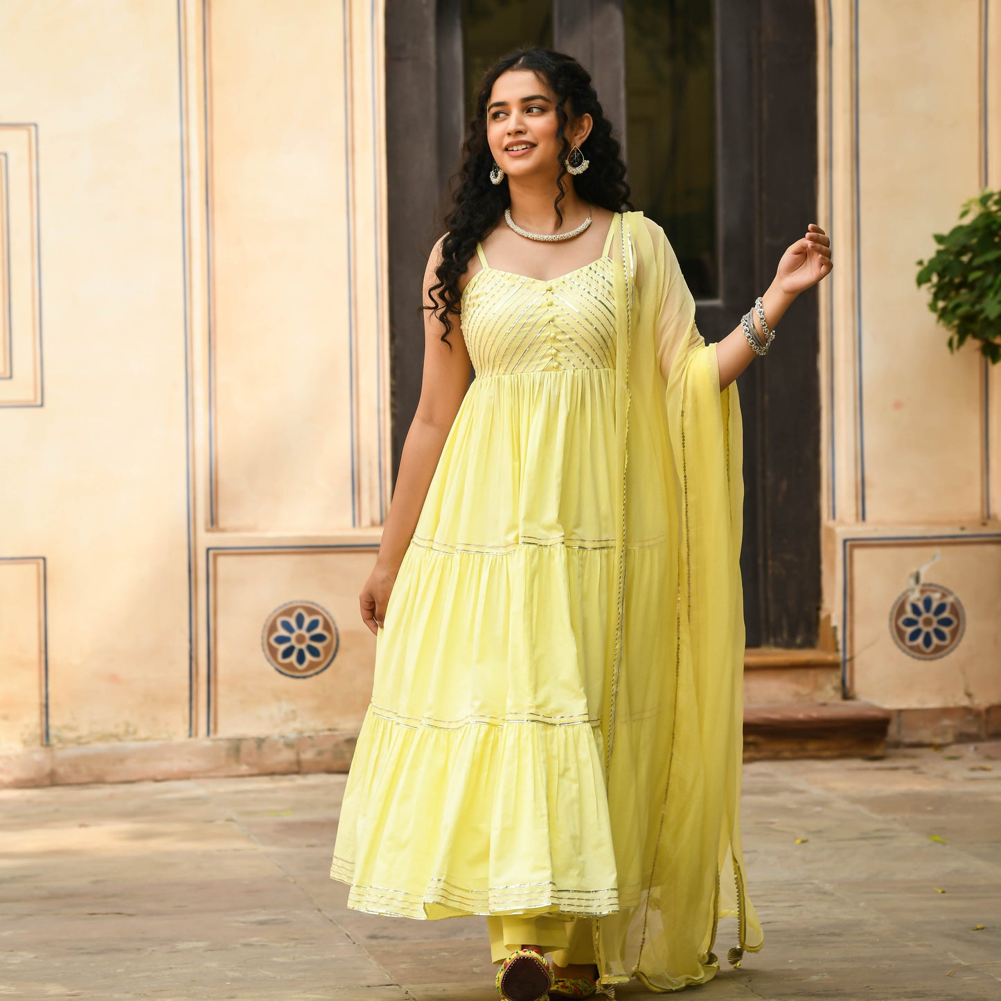 Sakhi Fashions Light Yellow Anarkali Kurta with Pant & Dupatta