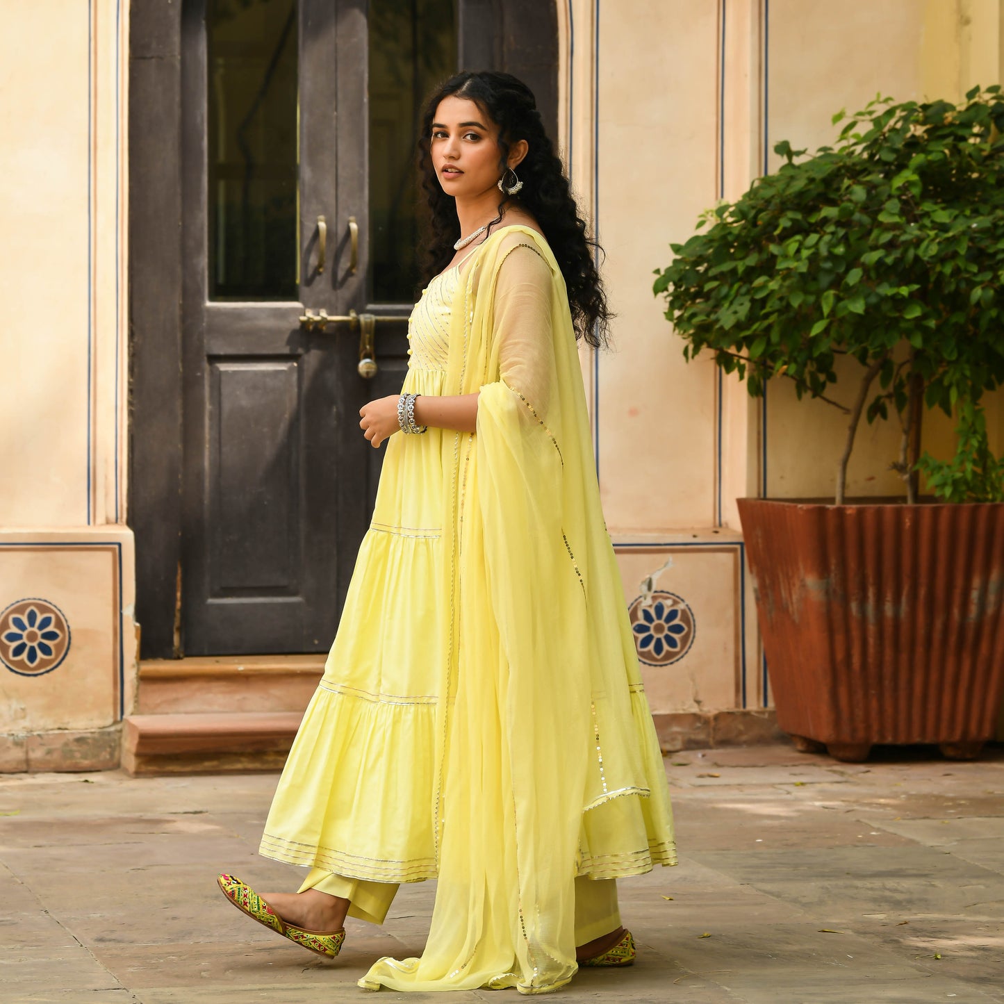 Sakhi Fashions Light Yellow Anarkali Kurta with Pant & Dupatta