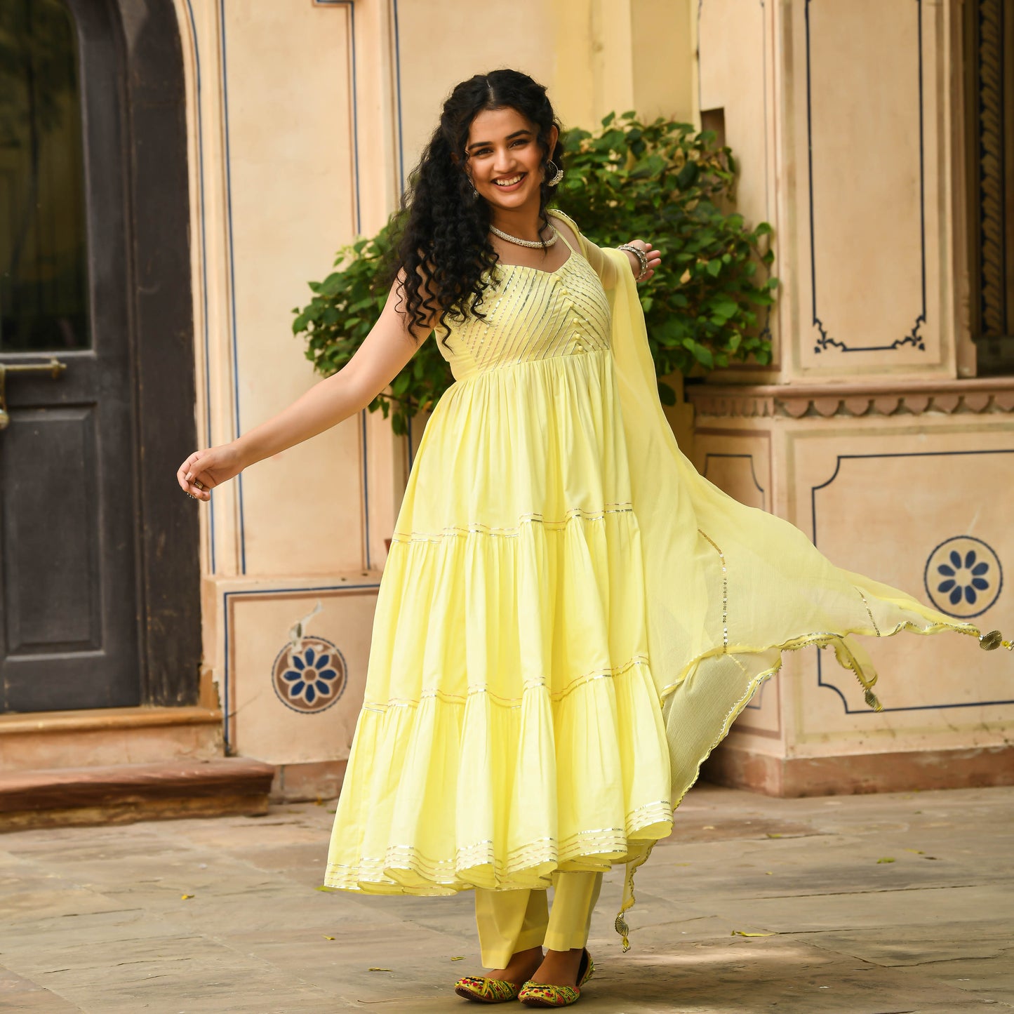 Sakhi Fashions Light Yellow Anarkali Kurta with Pant & Dupatta