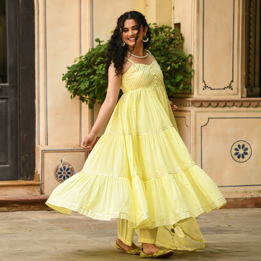 Sakhi Fashions Light Yellow Anarkali Kurta with Pant & Dupatta