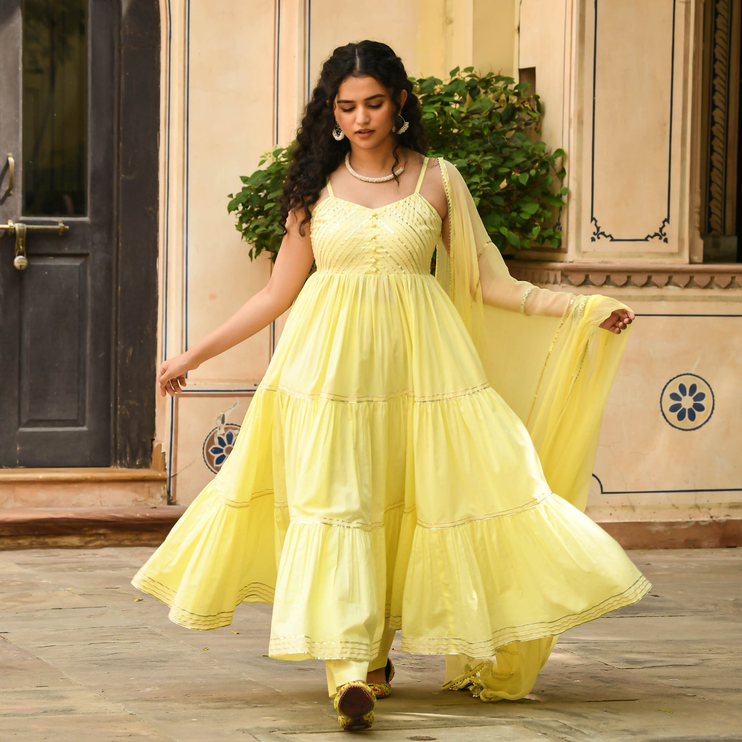 Sakhi Fashions Light Yellow Anarkali Kurta with Pant & Dupatta