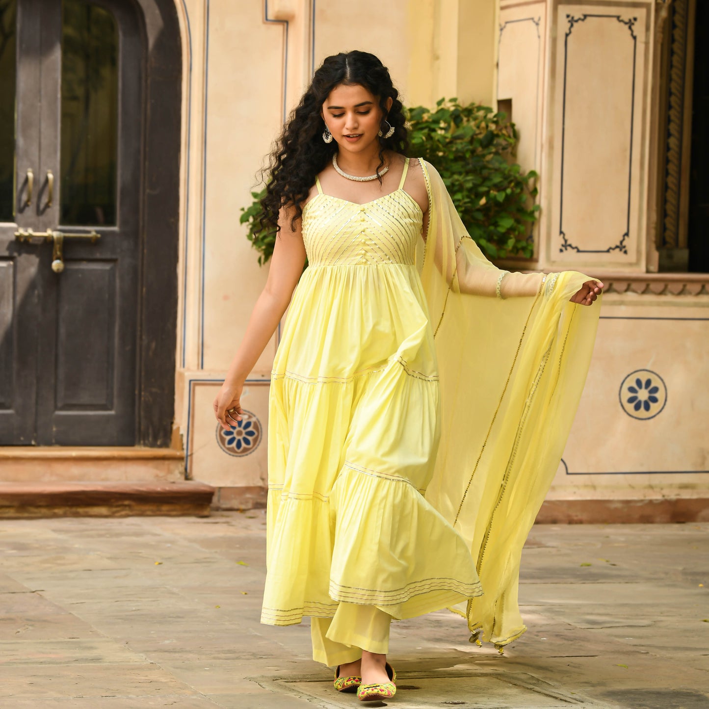 Sakhi Fashions Light Yellow Anarkali Kurta with Pant & Dupatta