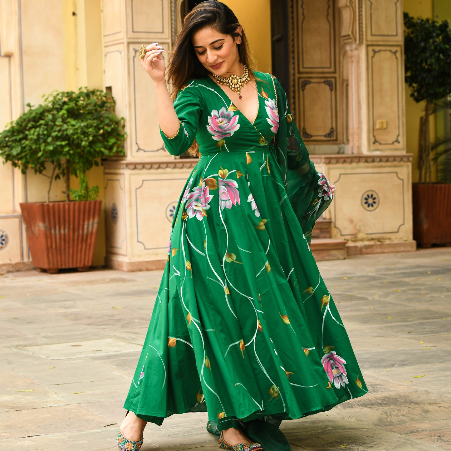 Sakhi Fashions Bright Green Handpainted Suit Set