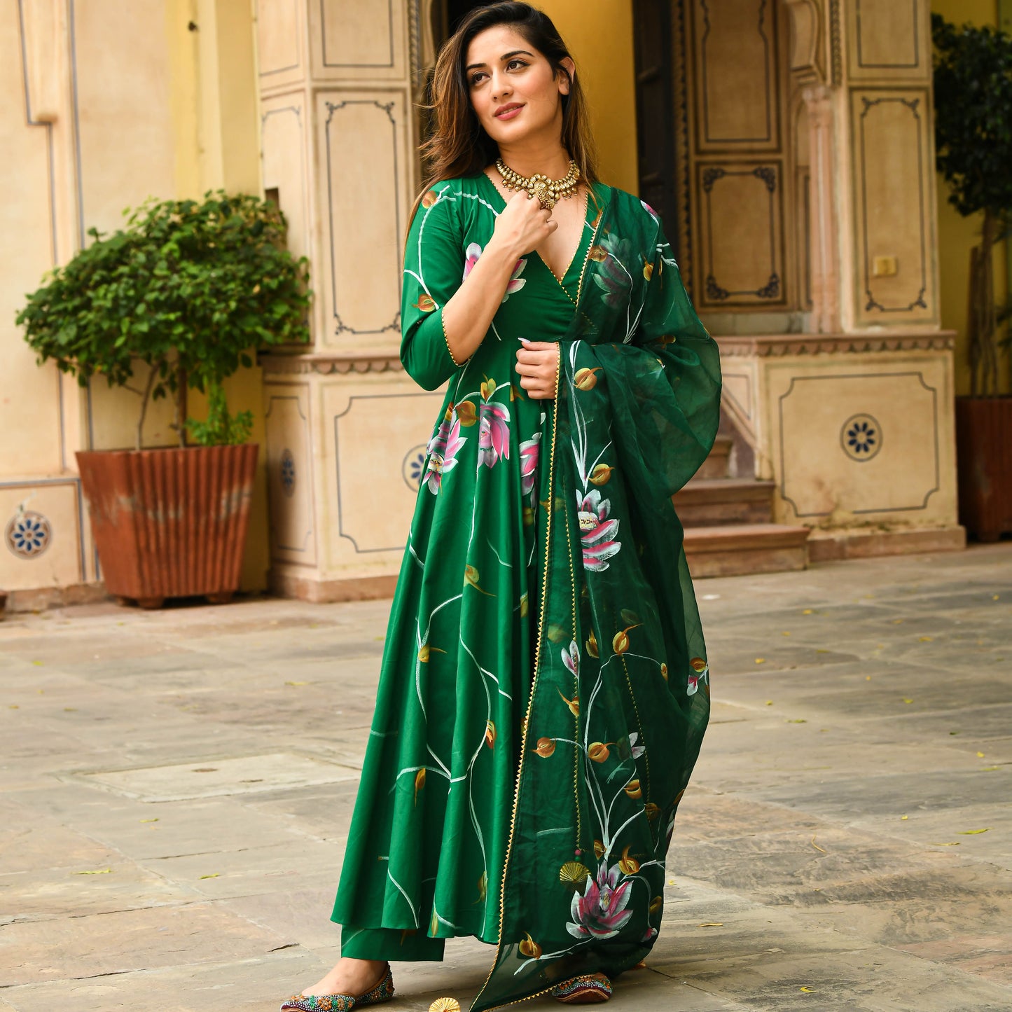 Sakhi Fashions Bright Green Handpainted Suit Set