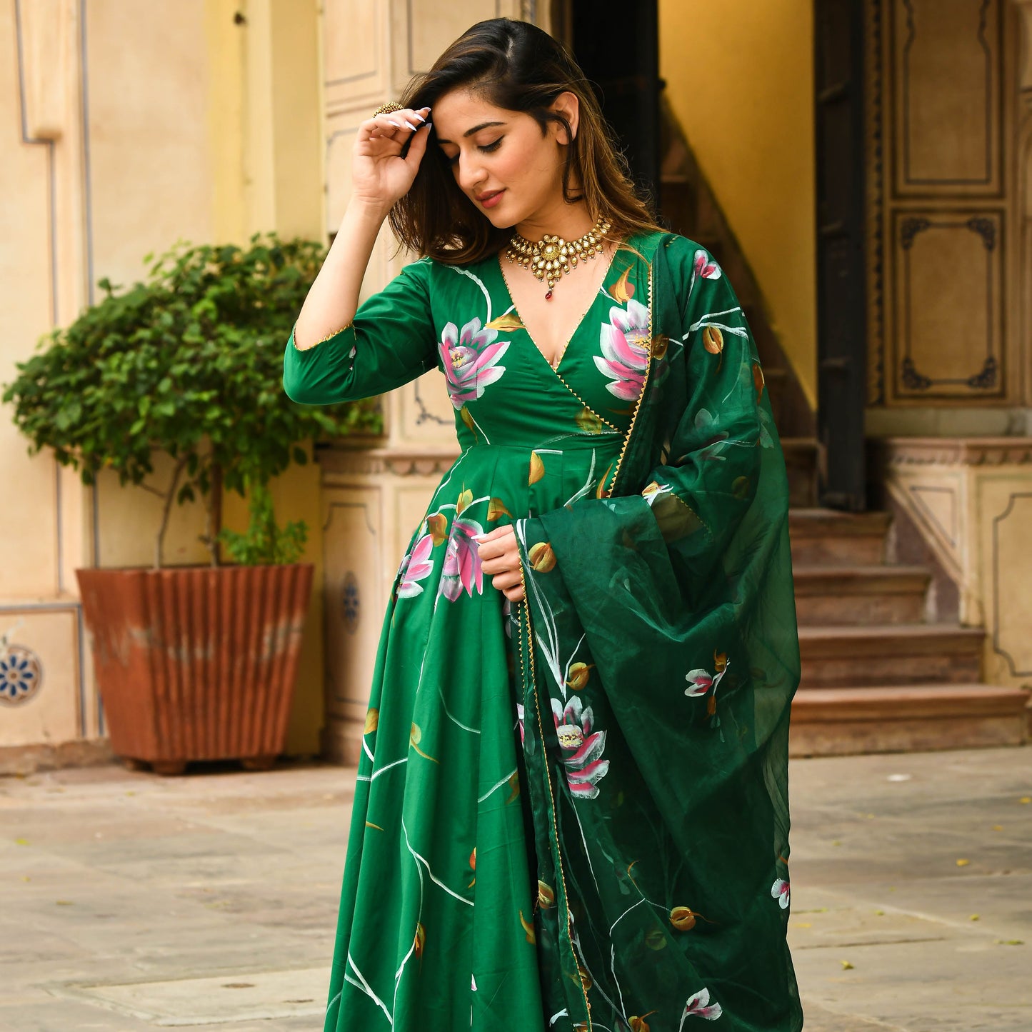 Sakhi Fashions Bright Green Handpainted Suit Set