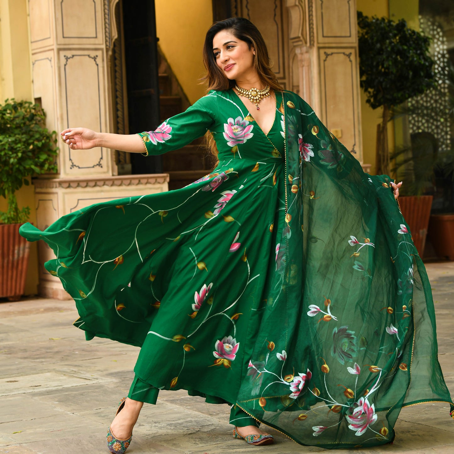 Sakhi Fashions Bright Green Handpainted Suit Set