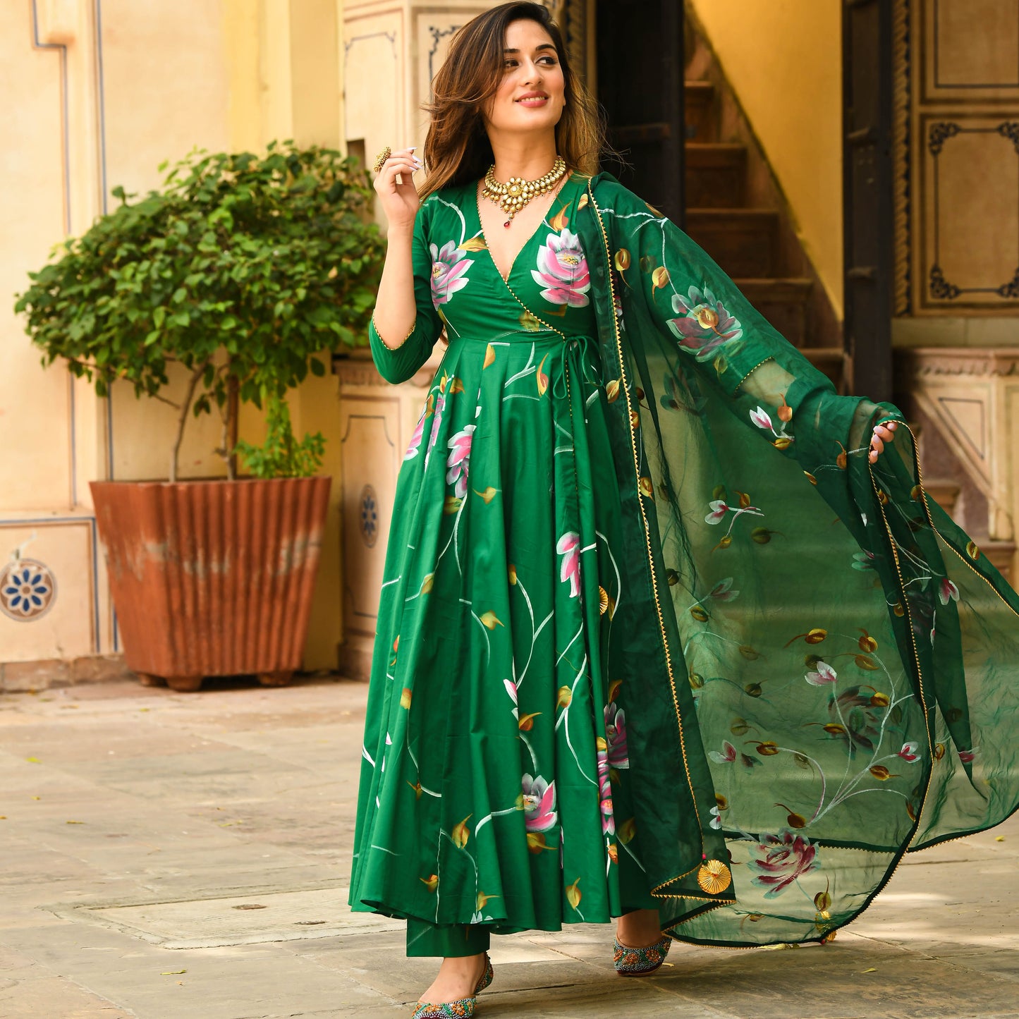 Sakhi Fashions Bright Green Handpainted Suit Set