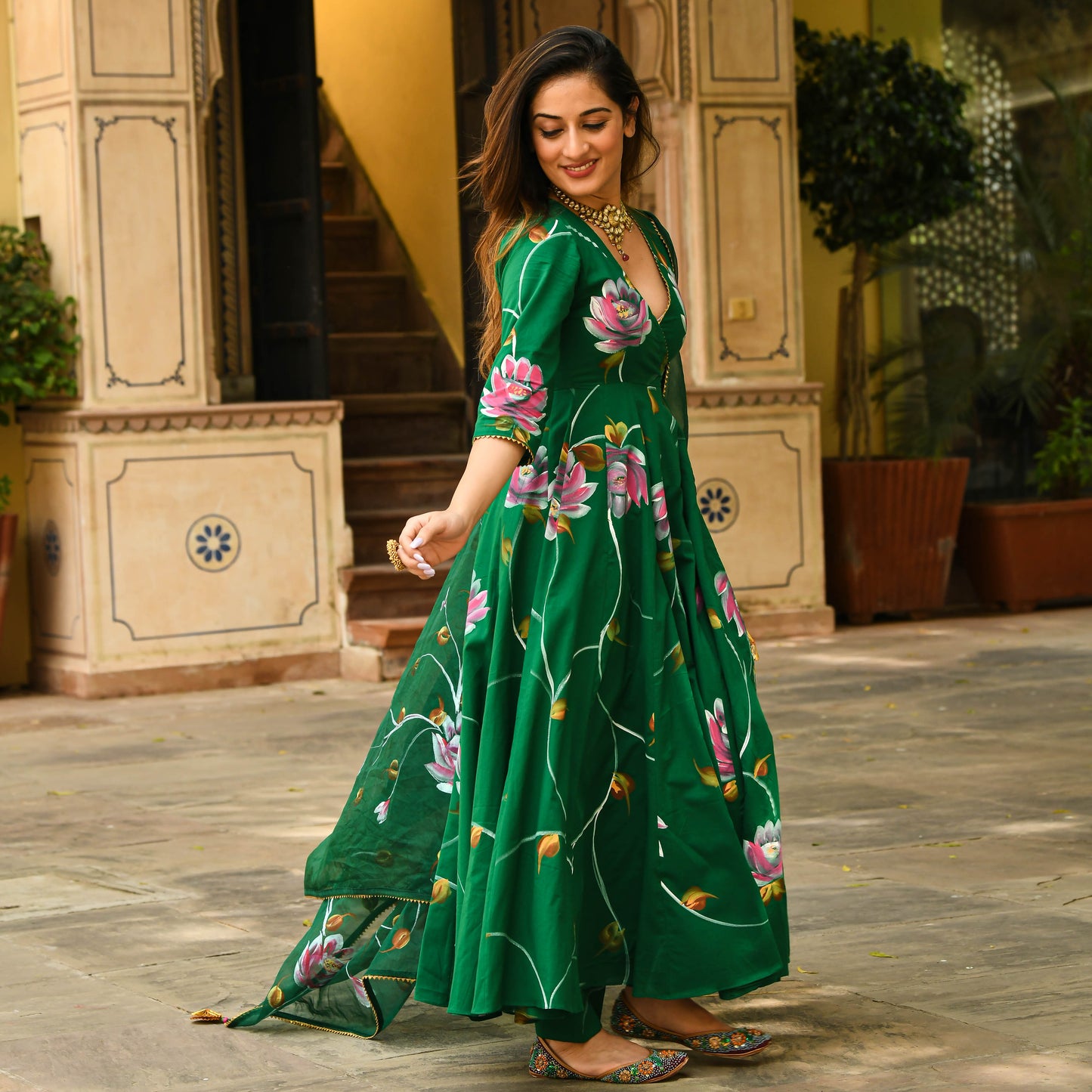 Sakhi Fashions Bright Green Handpainted Suit Set