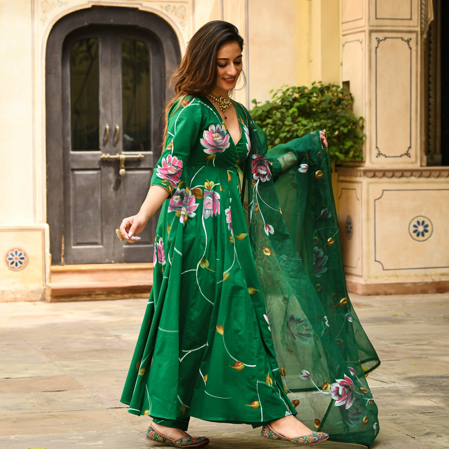 Sakhi Fashions Bright Green Handpainted Suit Set