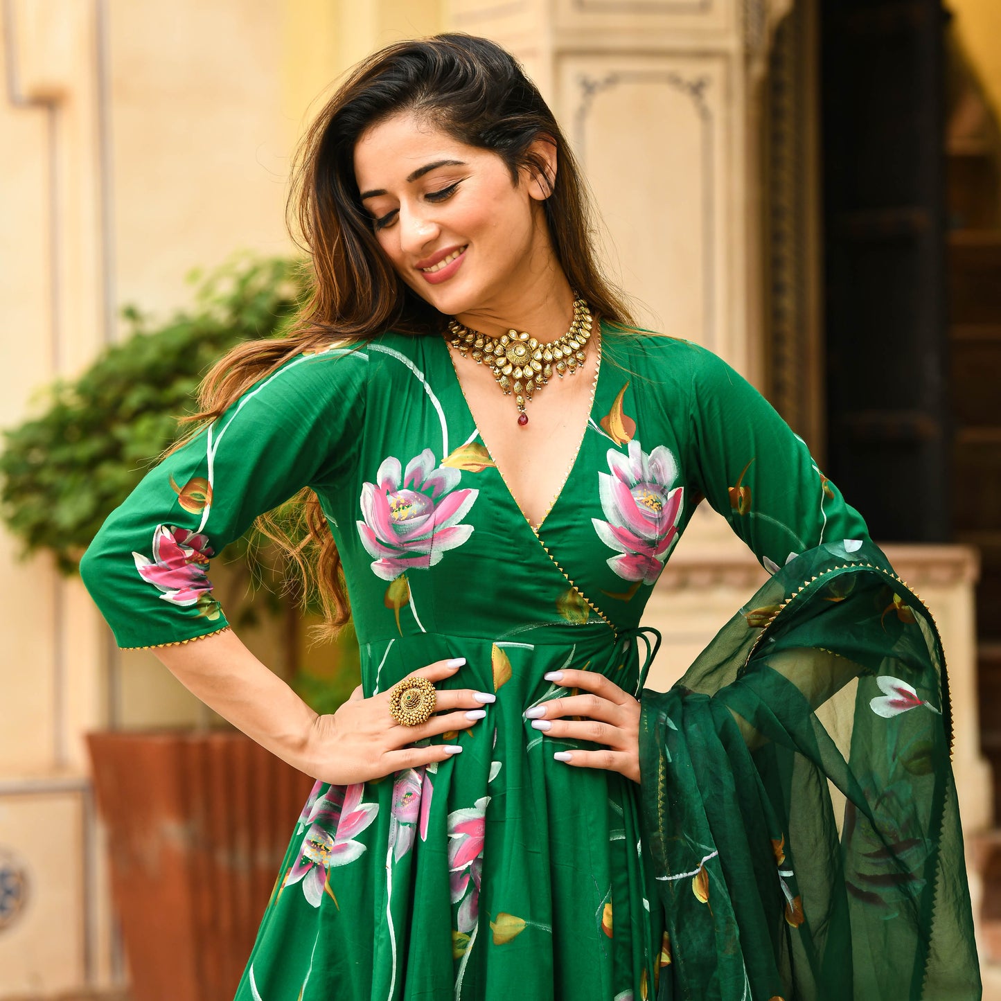 Sakhi Fashions Bright Green Handpainted Suit Set
