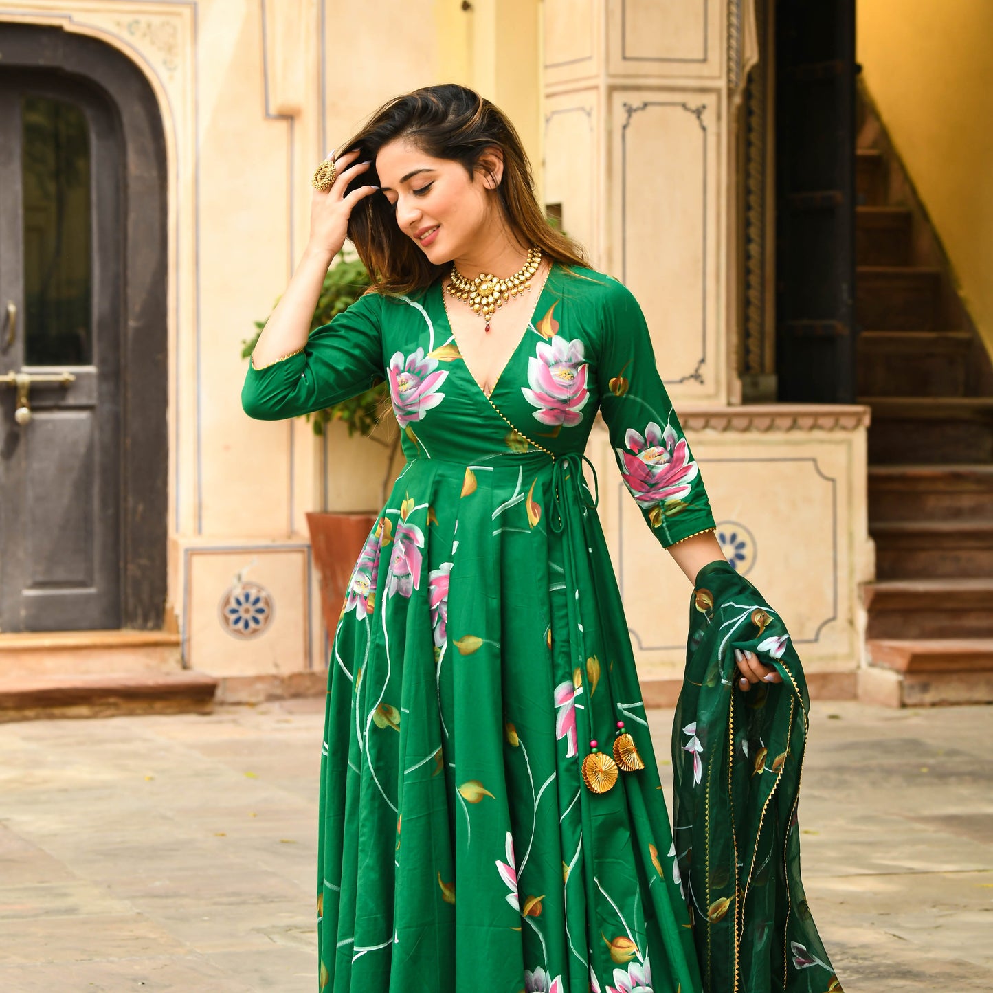 Sakhi Fashions Bright Green Handpainted Suit Set