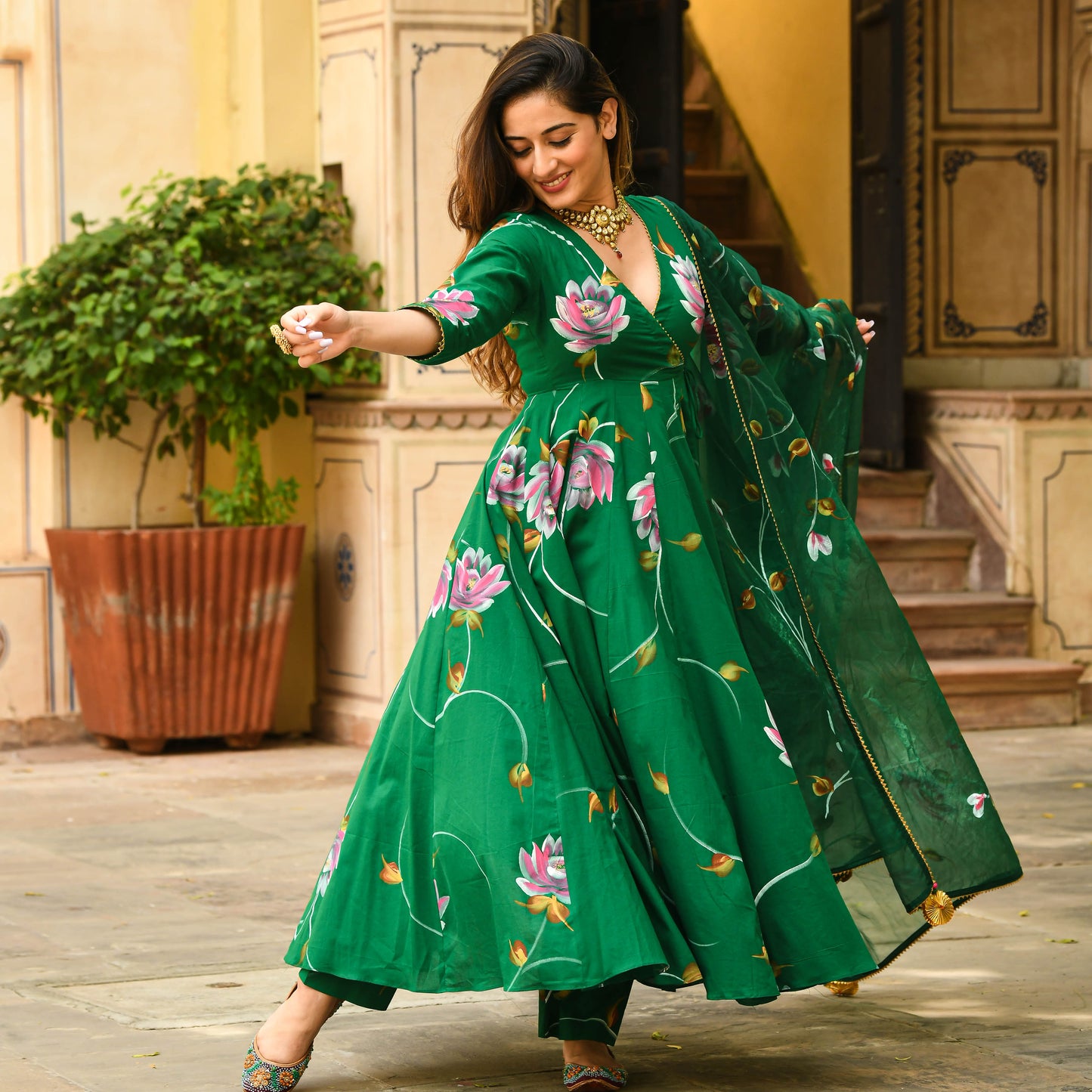 Sakhi Fashions Bright Green Handpainted Suit Set
