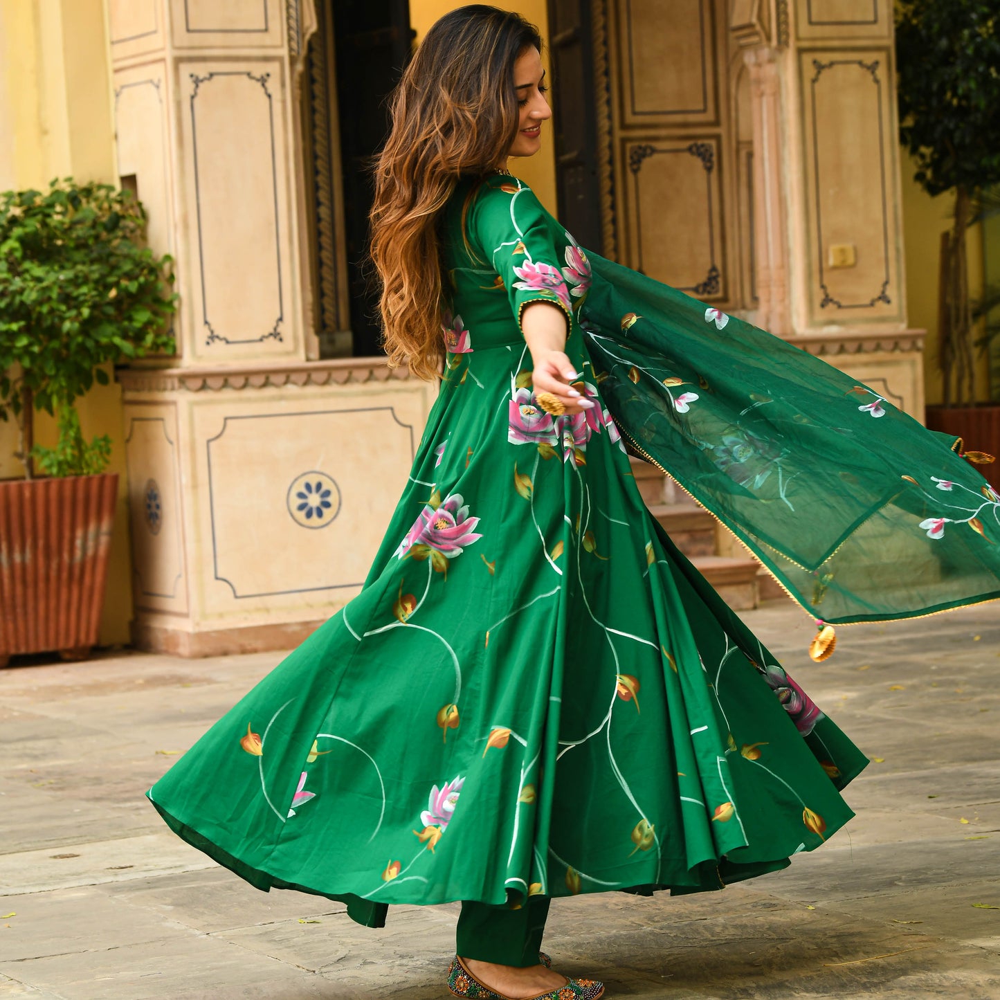 Sakhi Fashions Bright Green Handpainted Suit Set
