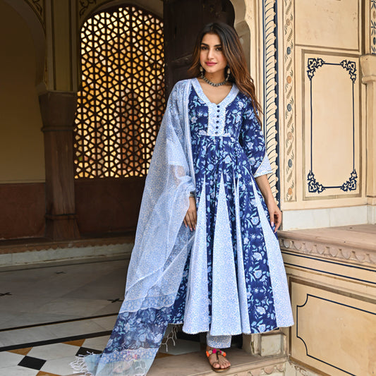 Sakhi Fashions Berry Blue Handblock Printed Suit Set