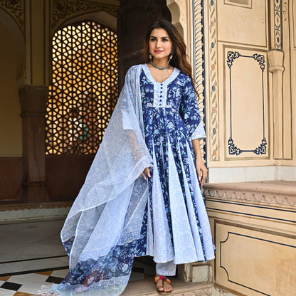 Sakhi Fashions Berry Blue Handblock Printed Suit Set