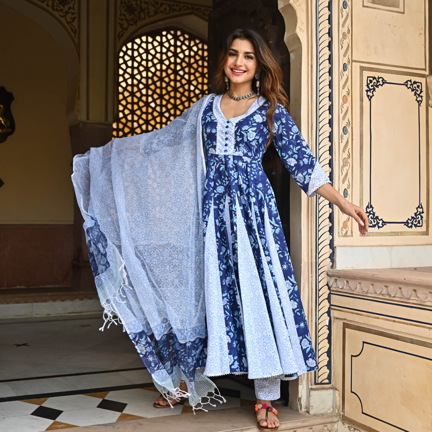 Sakhi Fashions Berry Blue Handblock Printed Suit Set