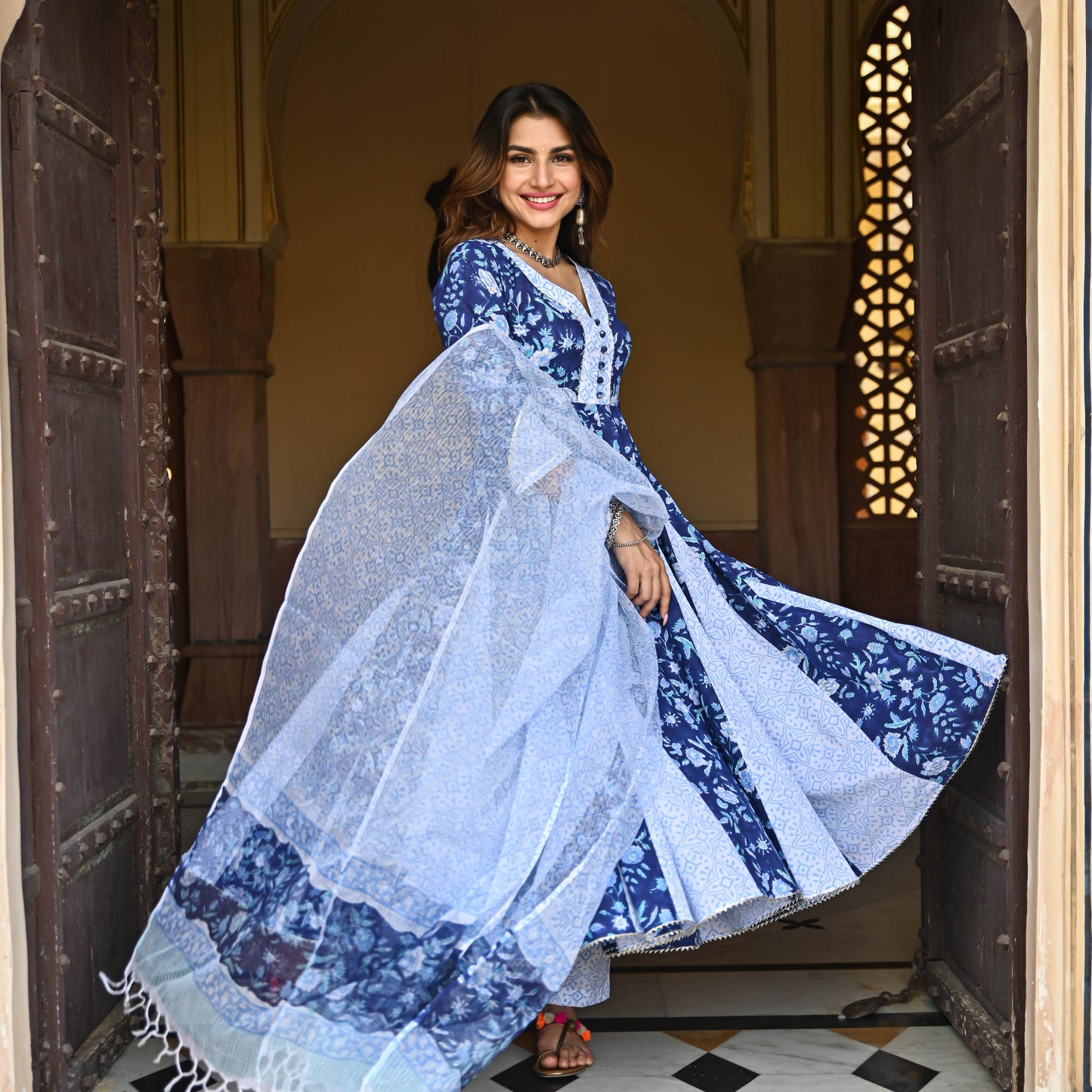 Sakhi Fashions Berry Blue Handblock Printed Suit Set