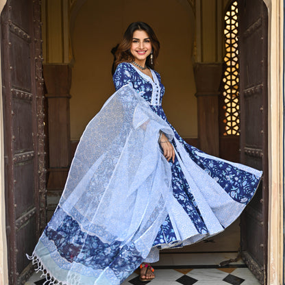 Sakhi Fashions Berry Blue Handblock Printed Suit Set